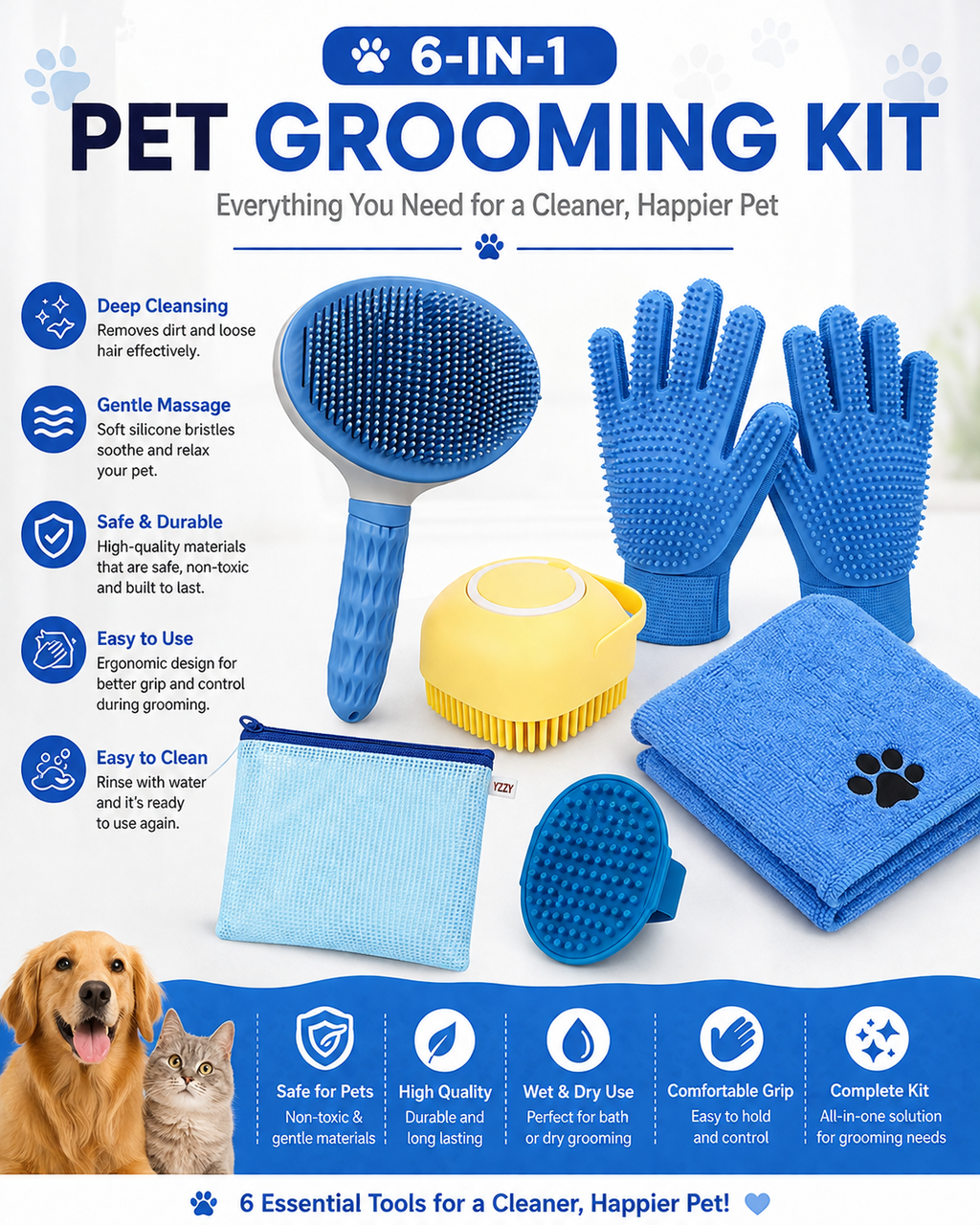 Premium Pet Bath & Grooming Kit | 6-Piece Complete Care Set